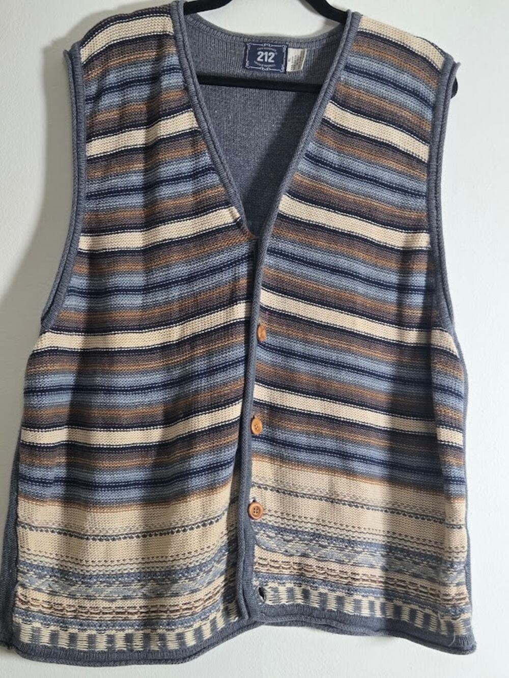 212 Collection Blue W/Grey Cream Stripped Knit Gorpcore 90s Sweater Vest sz XL